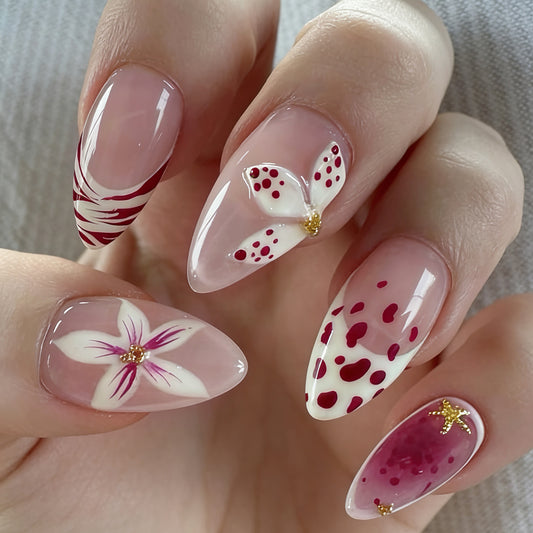 Blossoming Elegance Long Almond Pink and White Ombre with Floral and Gold Accents Nail Set
