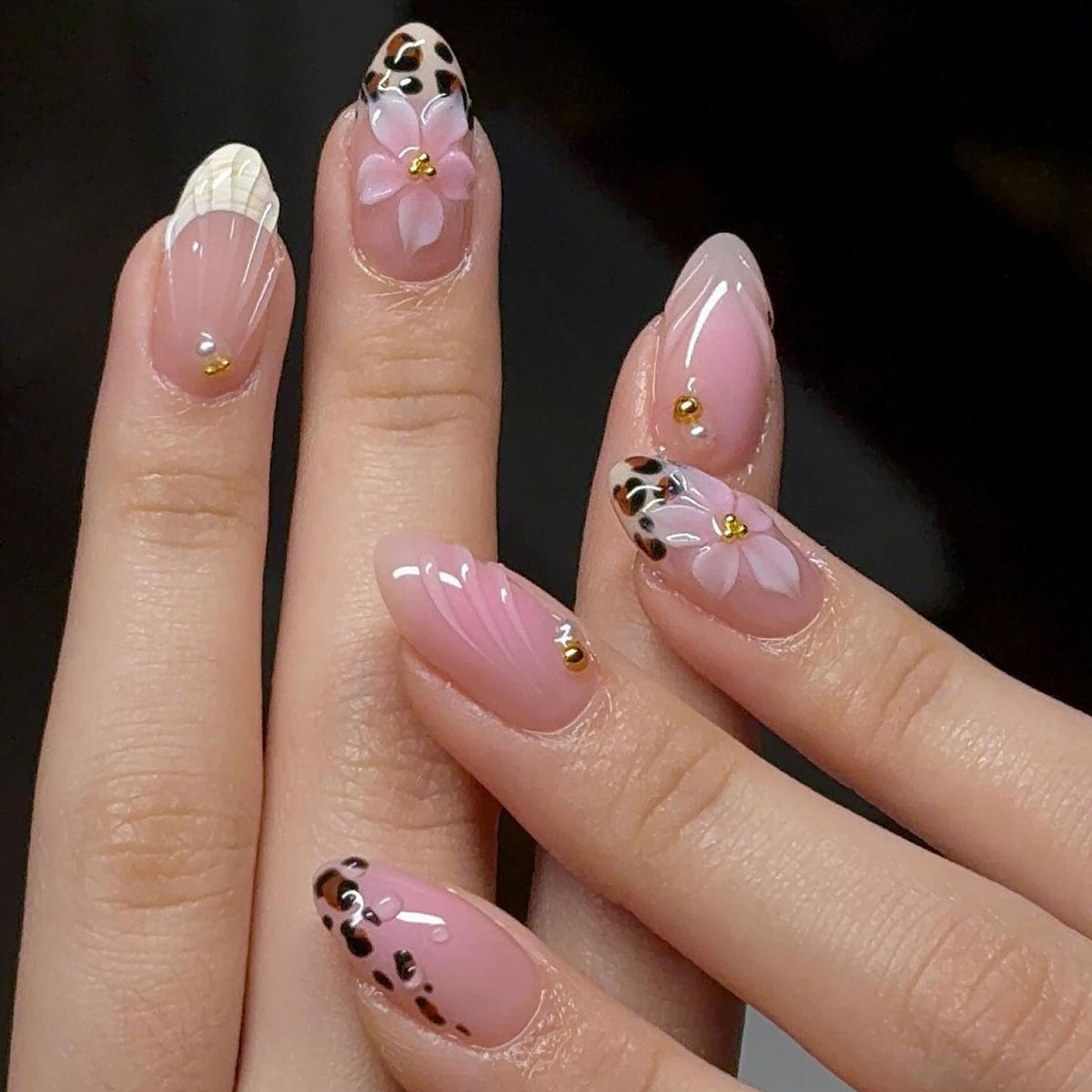 Elegant Floral Embrace Medium Almond Pink Press On Nail Set with Gleaming Accents