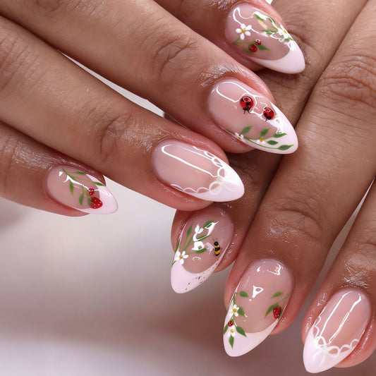 Blooming Garden Dream Long Almond Pink Floral Design Press On Nail Set