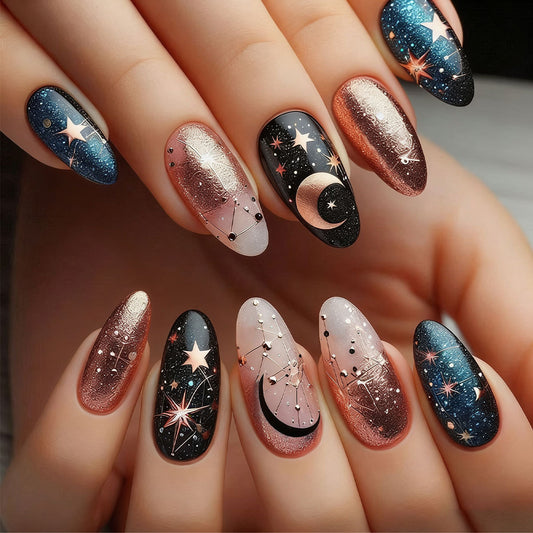 Celestial Dreams Medium Almond Galaxy Nail Set with Sparkling Star Accents