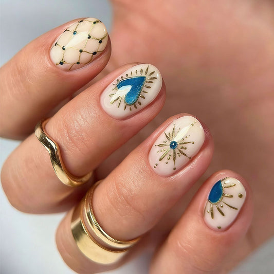 Celestial Chic Short Squoval Shape Aqua and Gold Accent Press On Nail Set