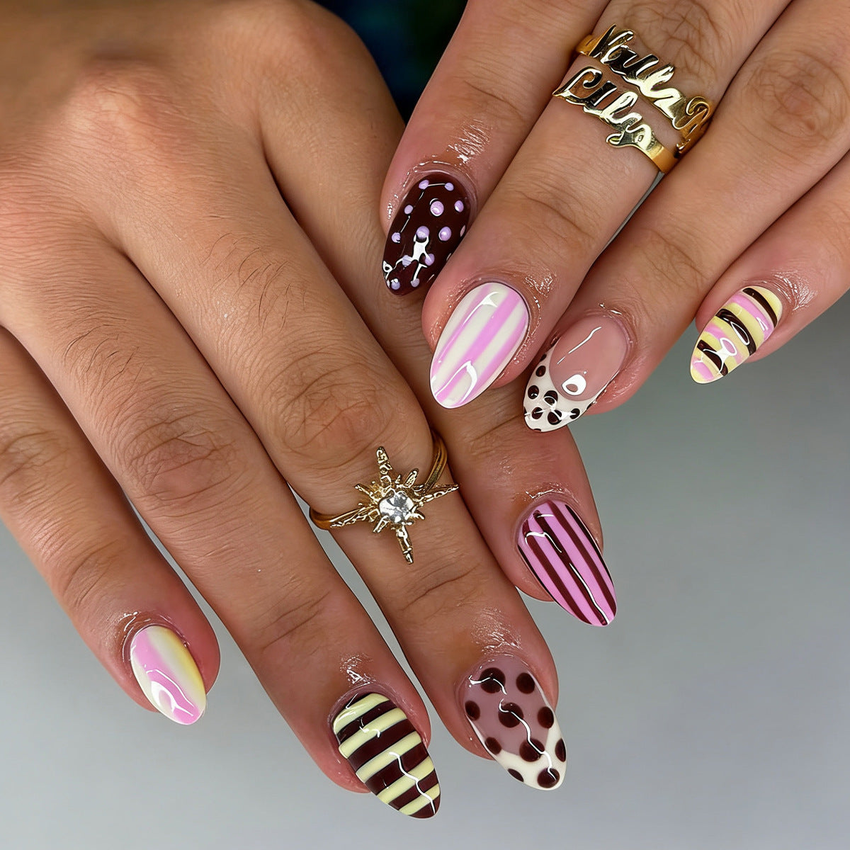 Sweet Treats Medium Almond Multicolored Striped Design Press On Nail Set