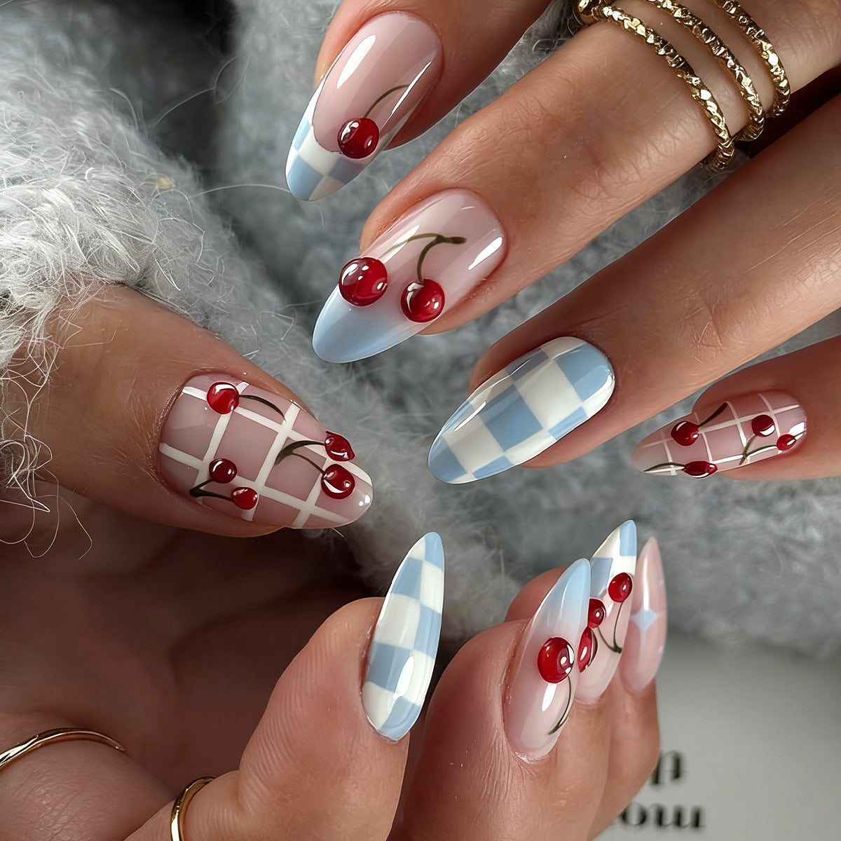 Cherry Blossom Delight Medium Almond Blue and Pink Checkered Pattern Press On Nail Set