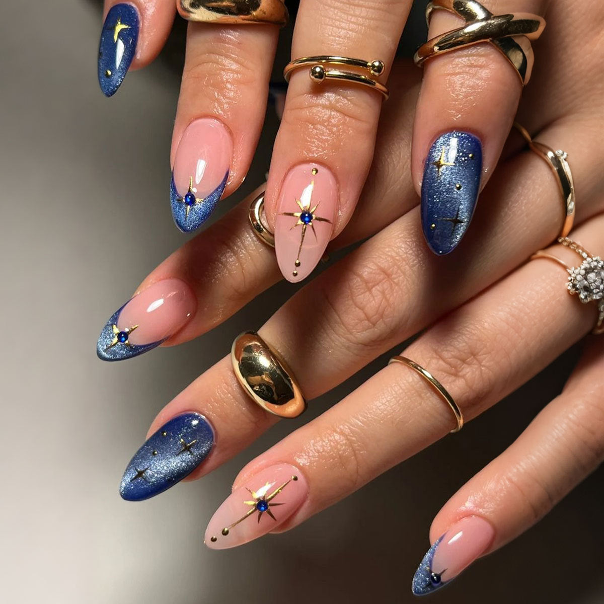 Celestial Elegance Medium Almond Blue Ombre with Dazzling Star Accents