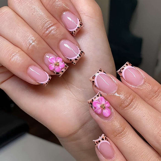 Chic Floral Bliss Medium Square Pink with Unique Leopard Print Tips Press on Nail Set