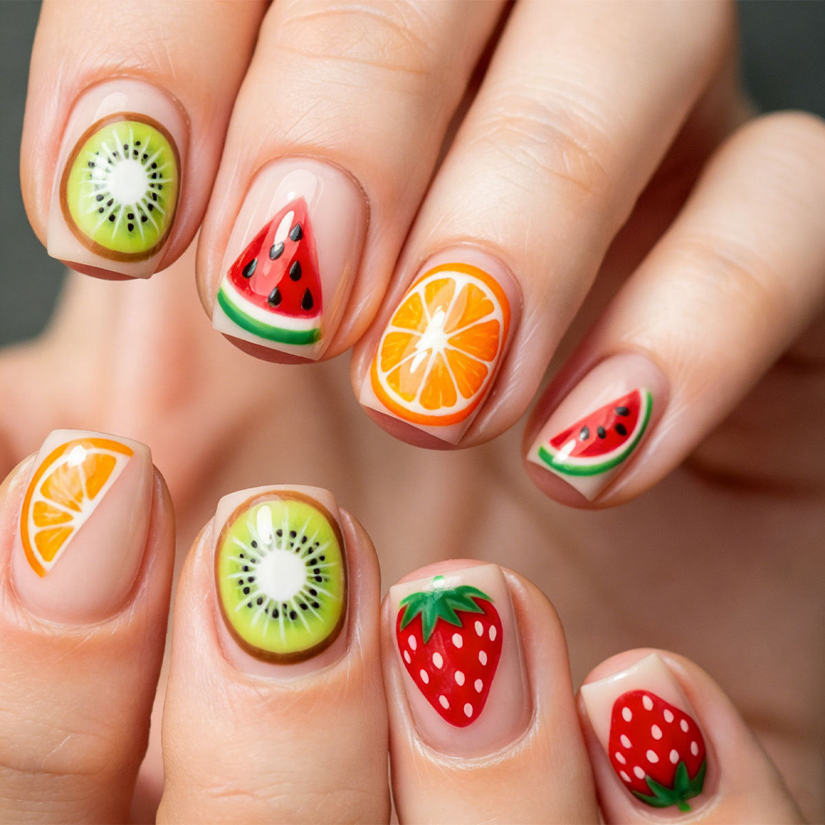 Summer Fruit Delight Short Square Green and Red Nail Press Set with Vibrant Designs