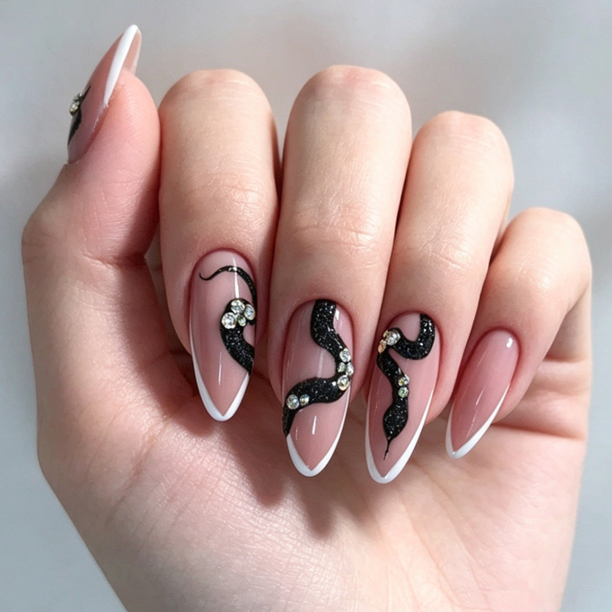 Glamorous Stiletto Long Beige with Elegant Spiral Design and Rhinestones Press on Nail Set