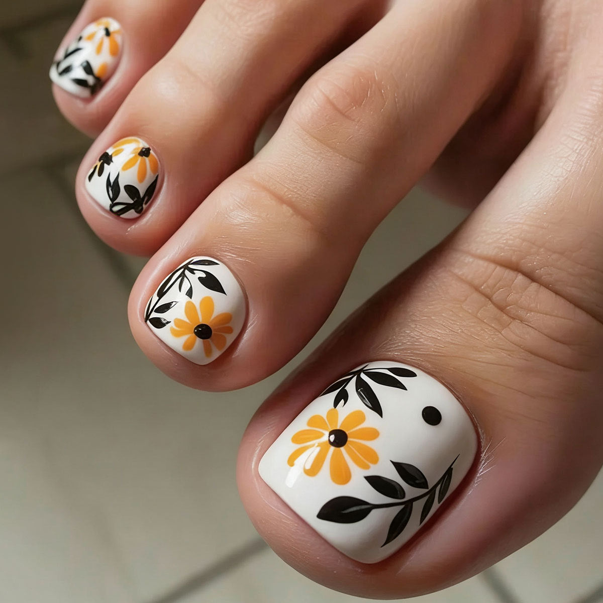 Floral Delight Short Square White Base with Vibrant Flower Design Press On Toenail Set
