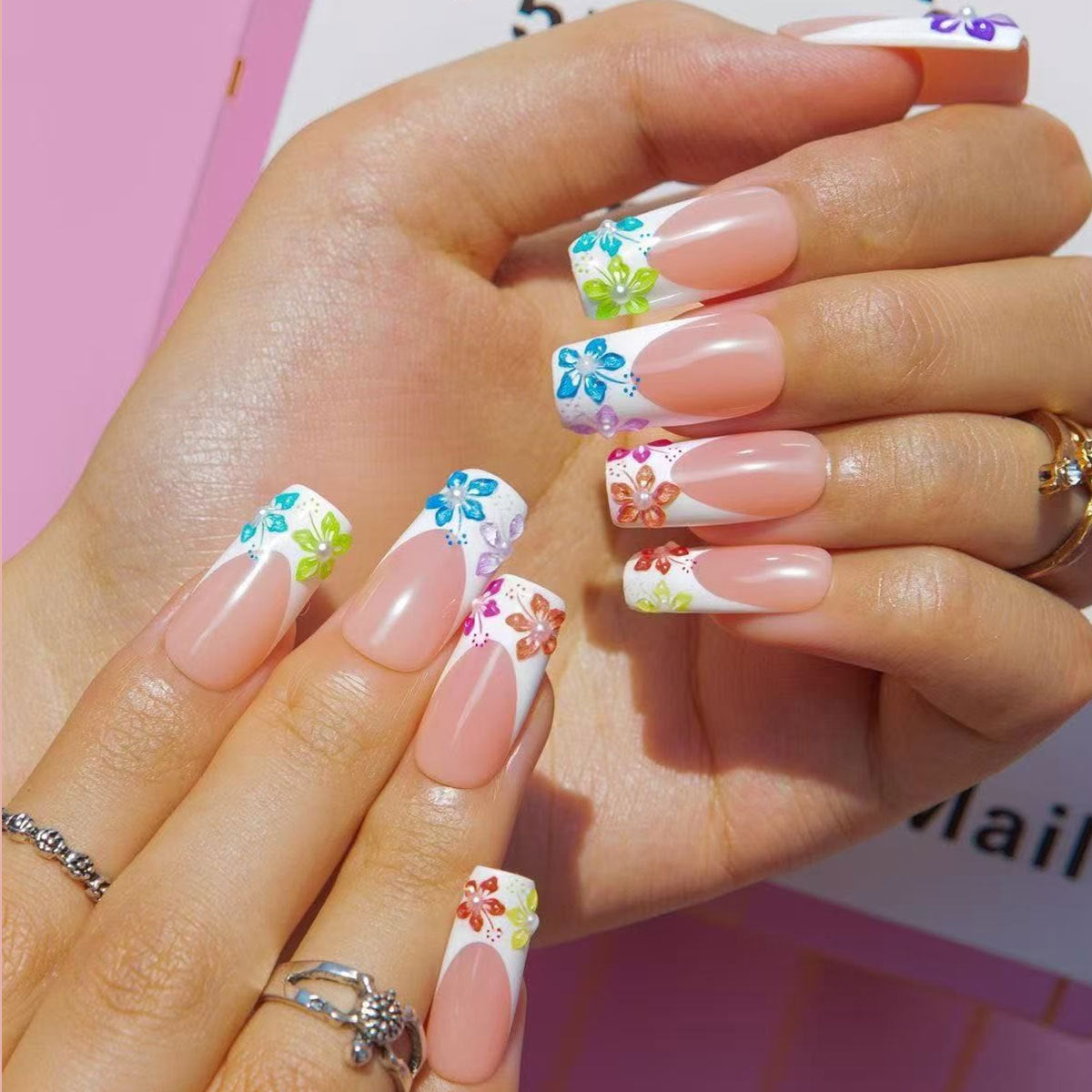 Blooming Floral Long Square Press-On Nail Set with Colorful Details