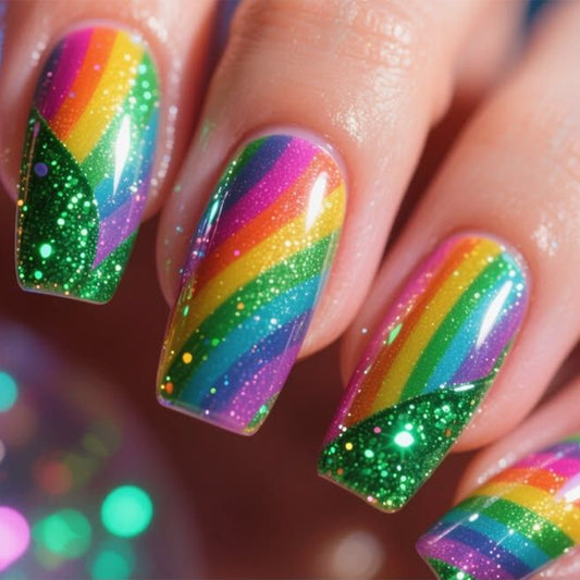 Rainbow Bliss Long Square Green Glitter Press On Nail Set