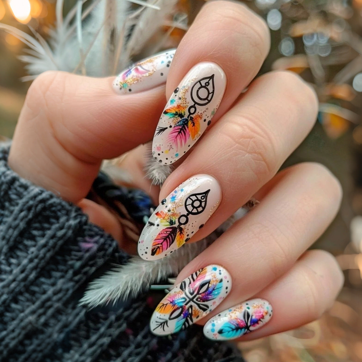 Bohemian Dream Long Almond Colorful Floral Design Press On Nail Set
