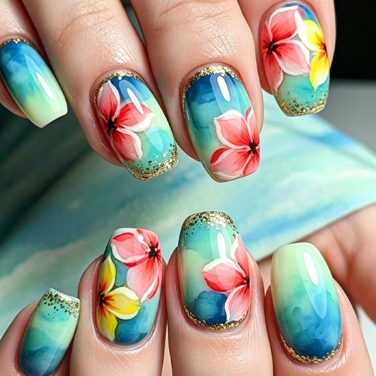 Tropical Blooming Medium Square Multicolor Floral Glitter Press On Nail Set