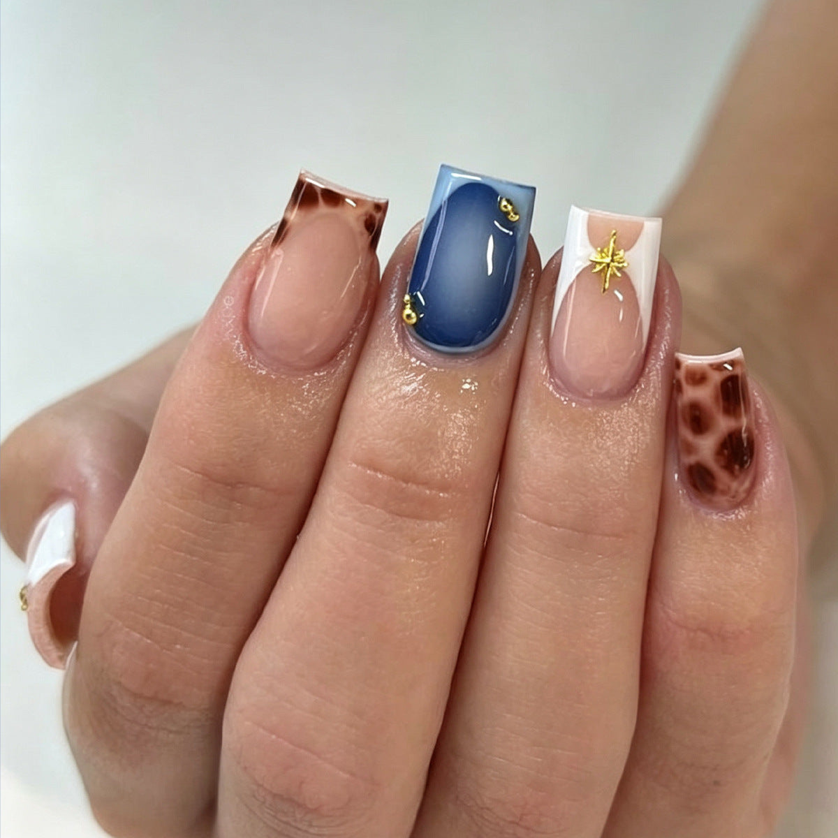 Giraffe Inspired Short Square Blue and Brown Press On Nail Set with Unique Gold Accents