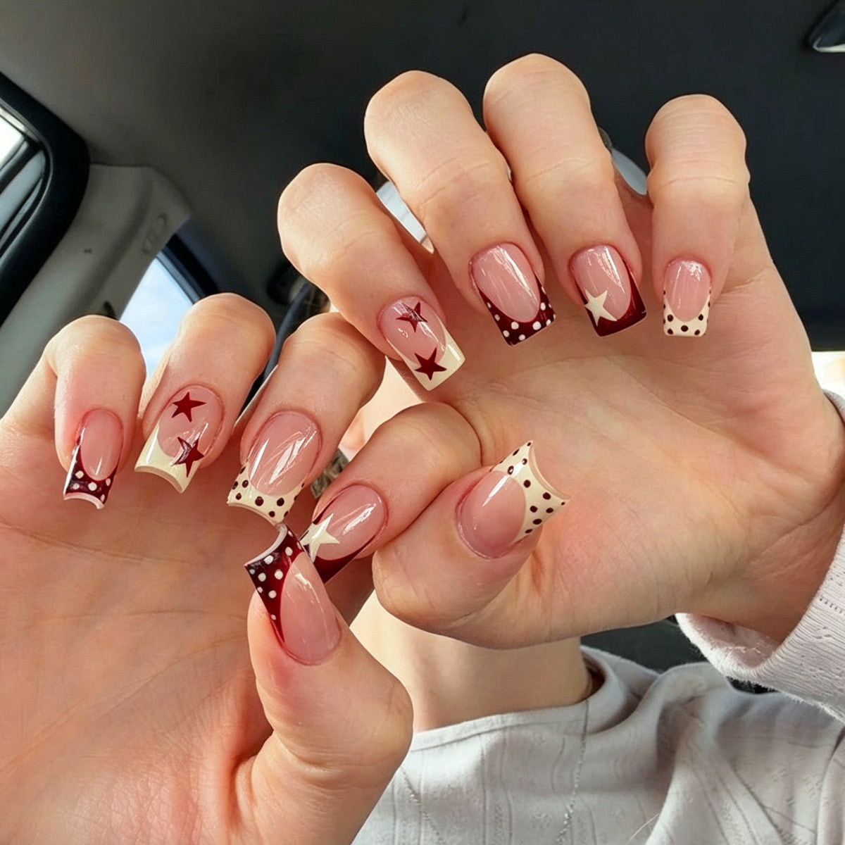Starry Night Medium Square Burgundy and Cream Dotted Press On Nail Set