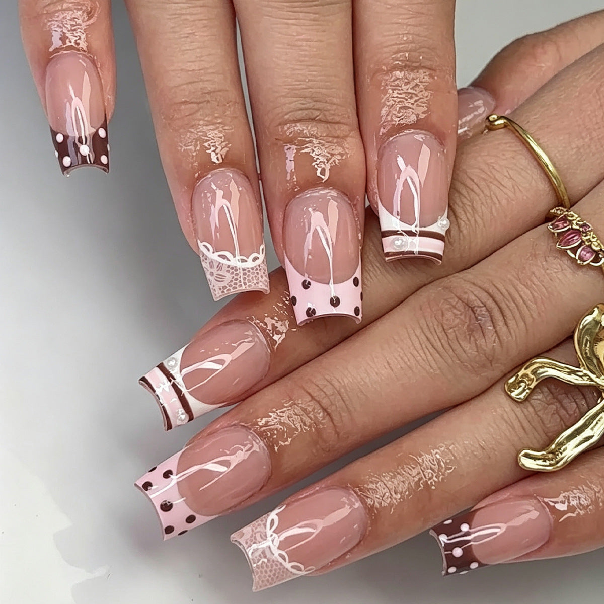 Elegant Fantasy Medium Square Pink with Intricate Lace Design Press on Nail Set