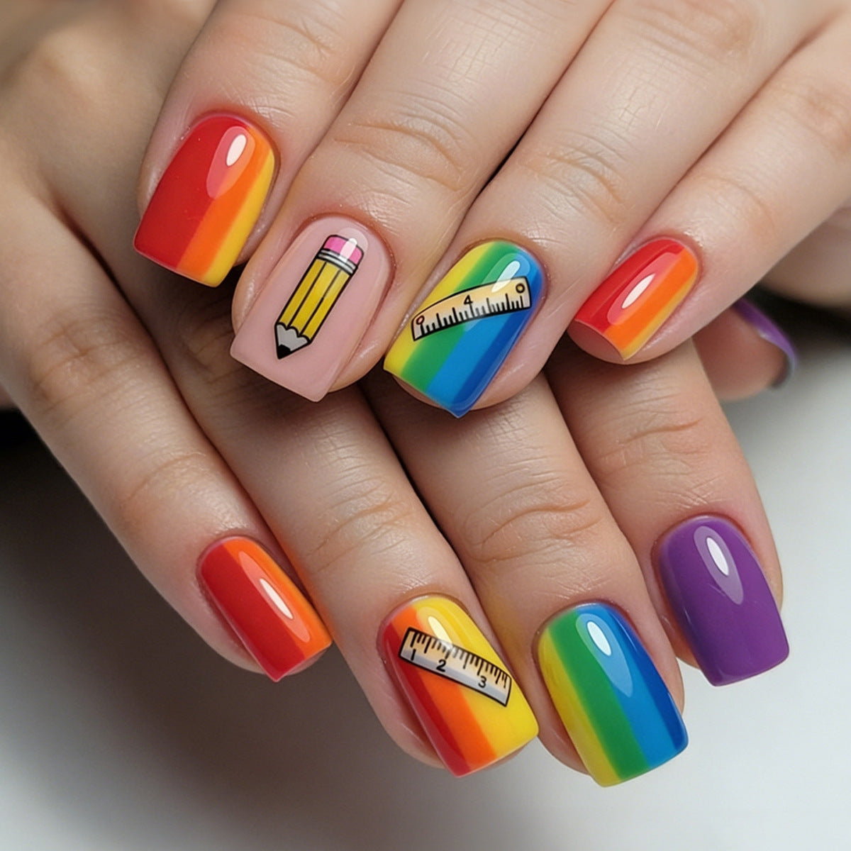 Colorful School Supply Themed Medium Square Rainbow Press On Nail Set with Whimsical Pencil and Ruler Designs