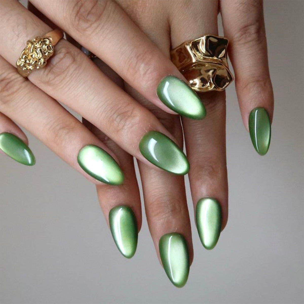 Enchanted Forest Medium Almond Green Metallic Press on Nail Set with Glossy Finish