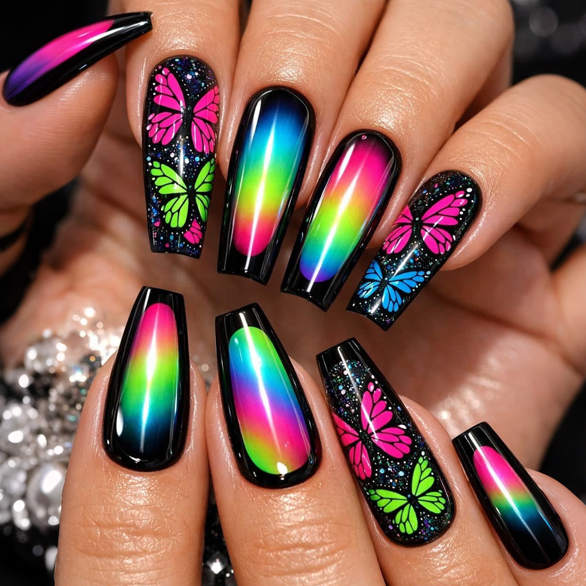 Butterfly Dreams Long Coffin Black and Colorful Gradient Design Nail Set