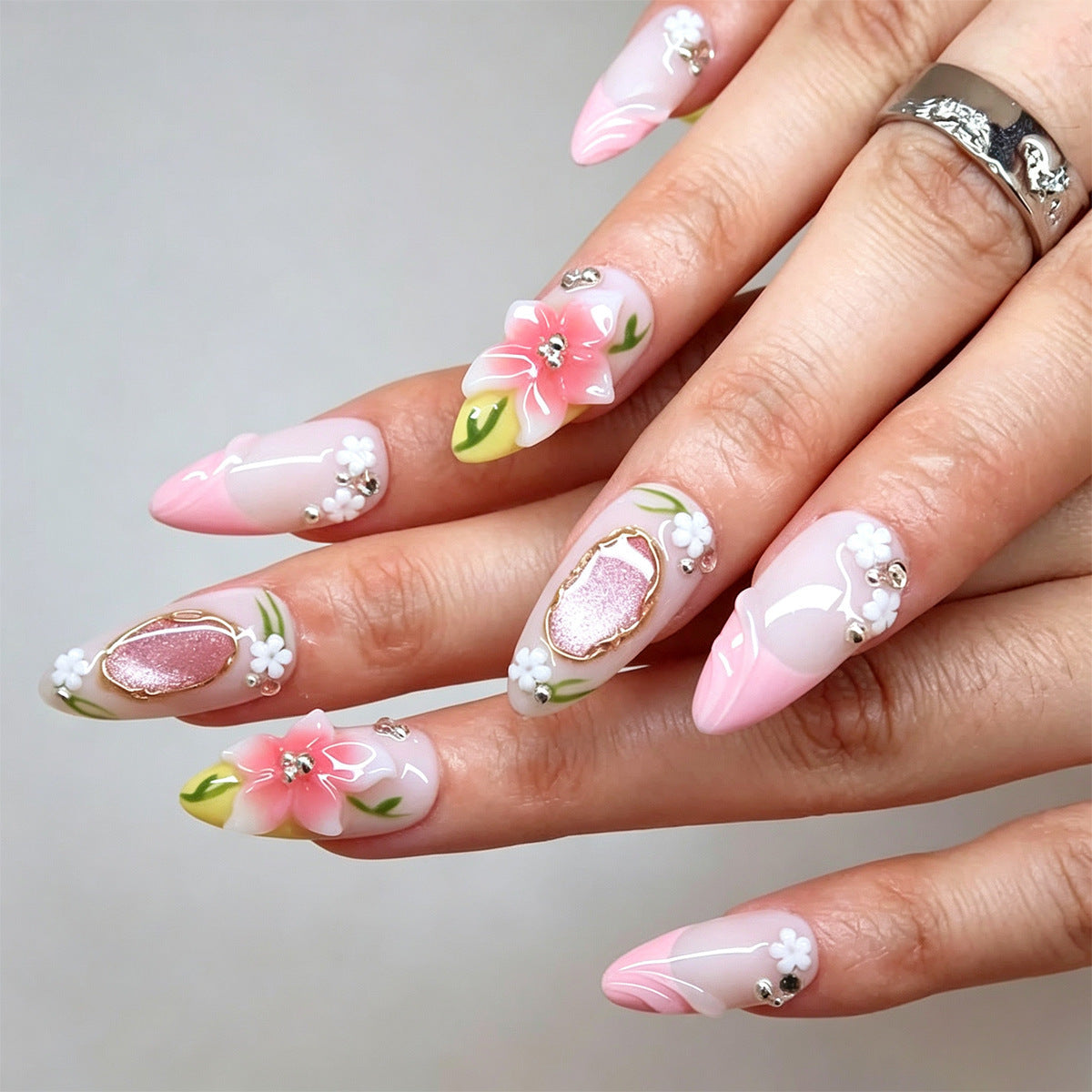 Blossom Dream Medium Almond Pink Floral Design Press On Nail Set