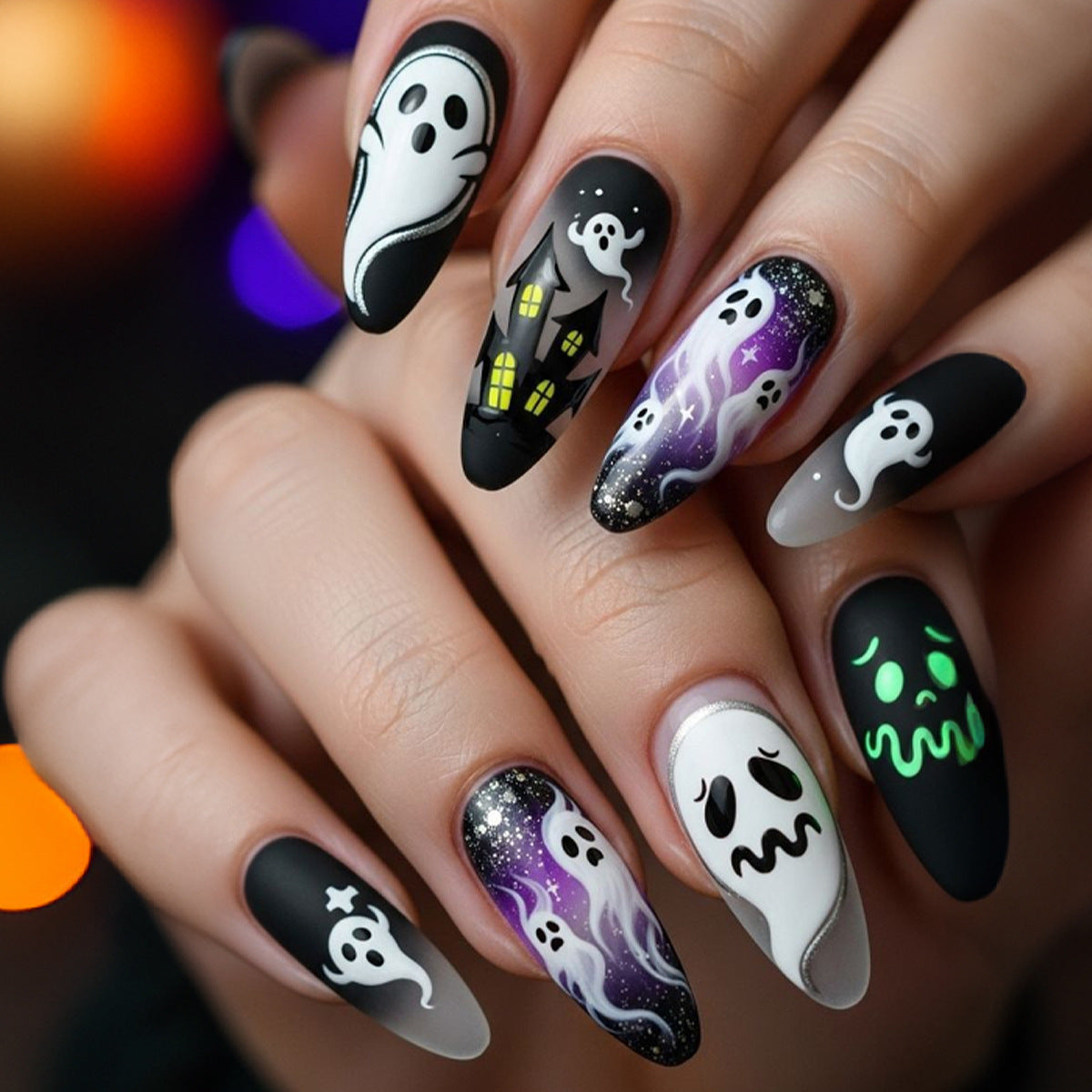 Spooktacular Long Almond Black and White Ghost Nail Press Set with Glow in the Dark Features