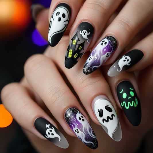 Spooktacular Long Almond Black and White Ghost Nail Press Set with Glow in the Dark Features