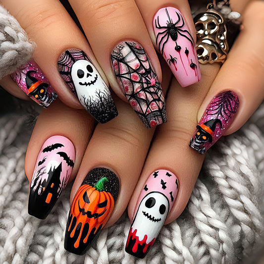 Spooky Long Coffin Halloween Themed Press On Nail Set with Unique Spider Design