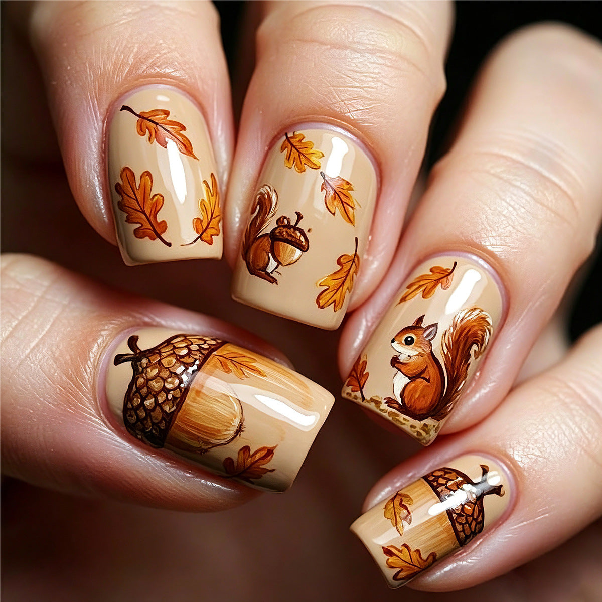 Autumn Delight Short Square Beige With Squirrel And Acorn Design Press On Nail Set