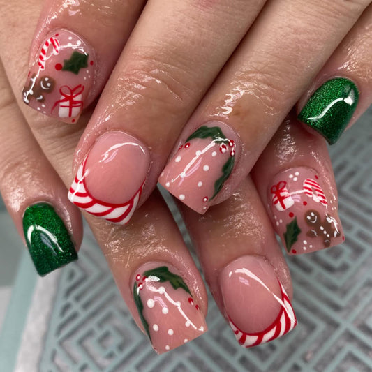 Festive Wonderland Short Square Glossy Pink and Green Press On Nail Set with Sweet Holiday Design