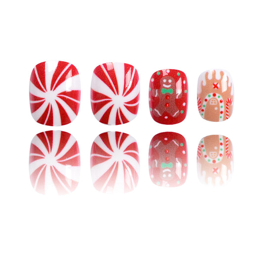 Festive Holiday Delight Short Squoval Red and White Candy Swirl with Gingerbread Design Press-On Nail Set