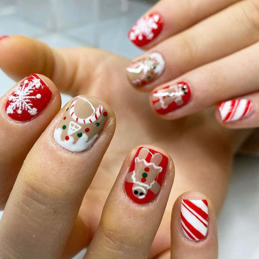 Festive Holiday Cheer Short Square Red and White Press On Nail Set with Christmas Cookies and Snowflakes Design