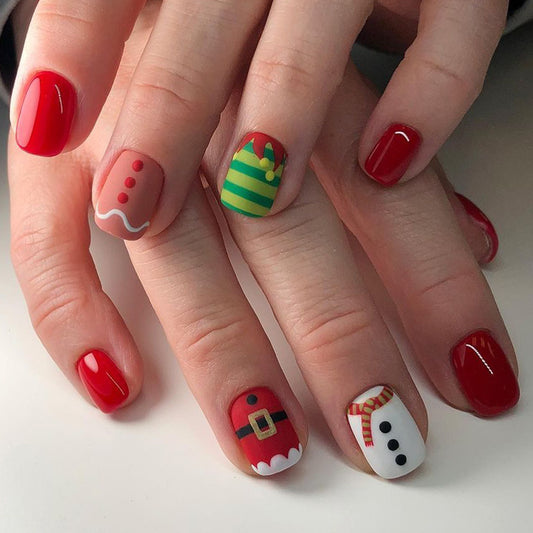 Festive Holiday Cheer Short Square Red Green and White Press On Nail Set with Fun Holiday Designs