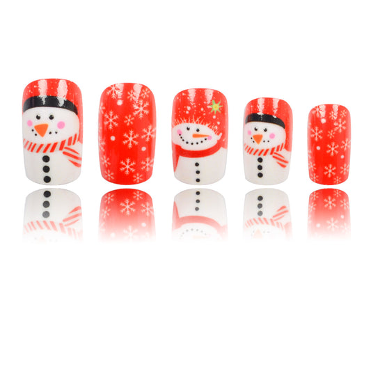Winter Wonderland Red Short Square Press-On Nail Set Featuring Festive Snowman and Snowflake Designs