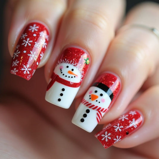 Festive Snowman Red Long Square Press On Nail Set with Sparkling Glitter and Winter Wonderland Design
