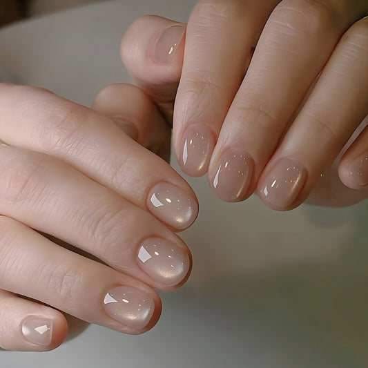Elegant Serenity Short Squoval Beige Press On Nail Set with Iridescent Shine