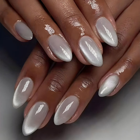 Glistening Frosted Elegance Short Almond Shaped Translucent White with Dazzling Ombre Finish Press On Nail Set