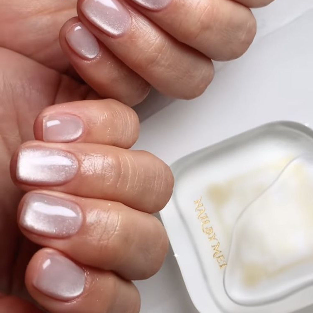 Elegant Serenity Short Square Soft Pink Glossy Nail Press Set with Iridescent Shine