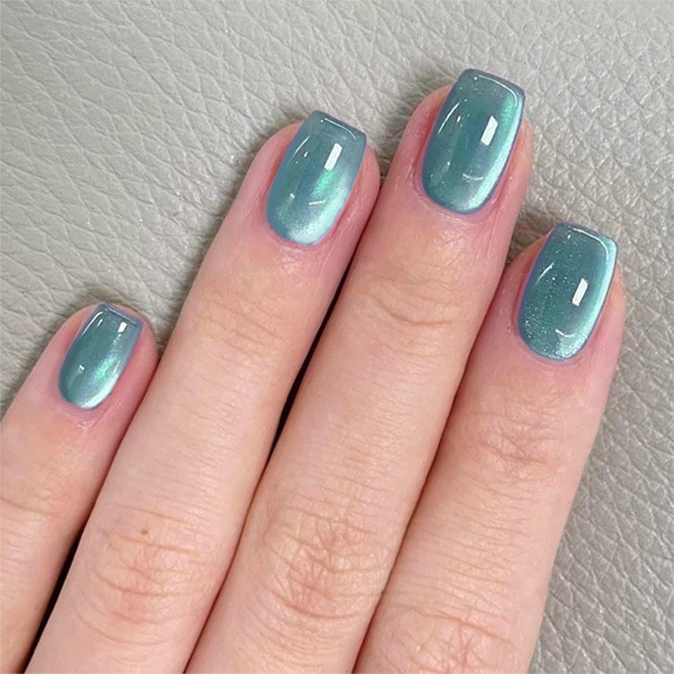 Ocean Breeze Short Square Press On Nail Set in Shimmering Aqua with Iridescent Finish