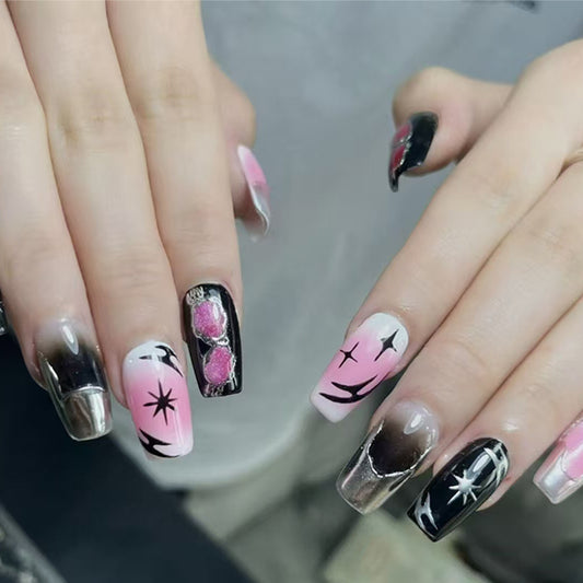 Galactic Dream Long Square Pink and Black Press On Nail Set with Glittering Star Accents