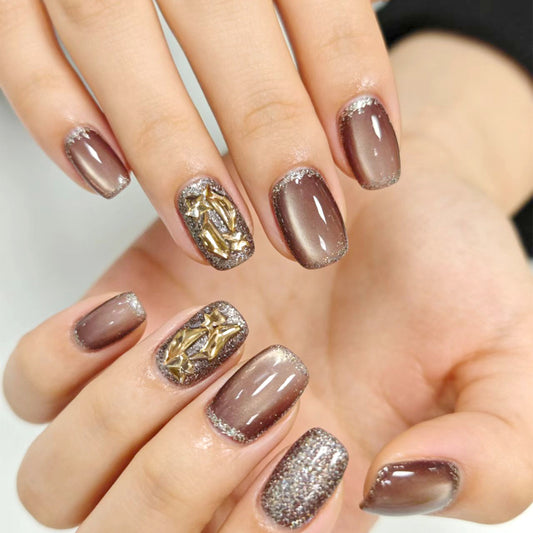 Glamorous Twilight Inspired Press On Nail Set Short Square Brown Ombre with Glittery Star Accent