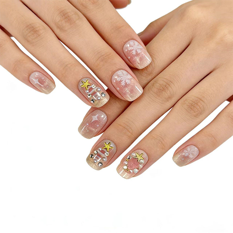 Winter Wonderland Short Square Press-On Nails in Soft Pink with Glittery Snowflake and Star Accents