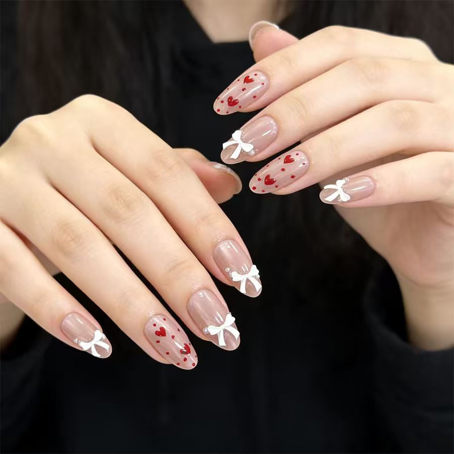 Charming Romance Long Oval Pink with Heart and Bow Details Press-On Nail Set