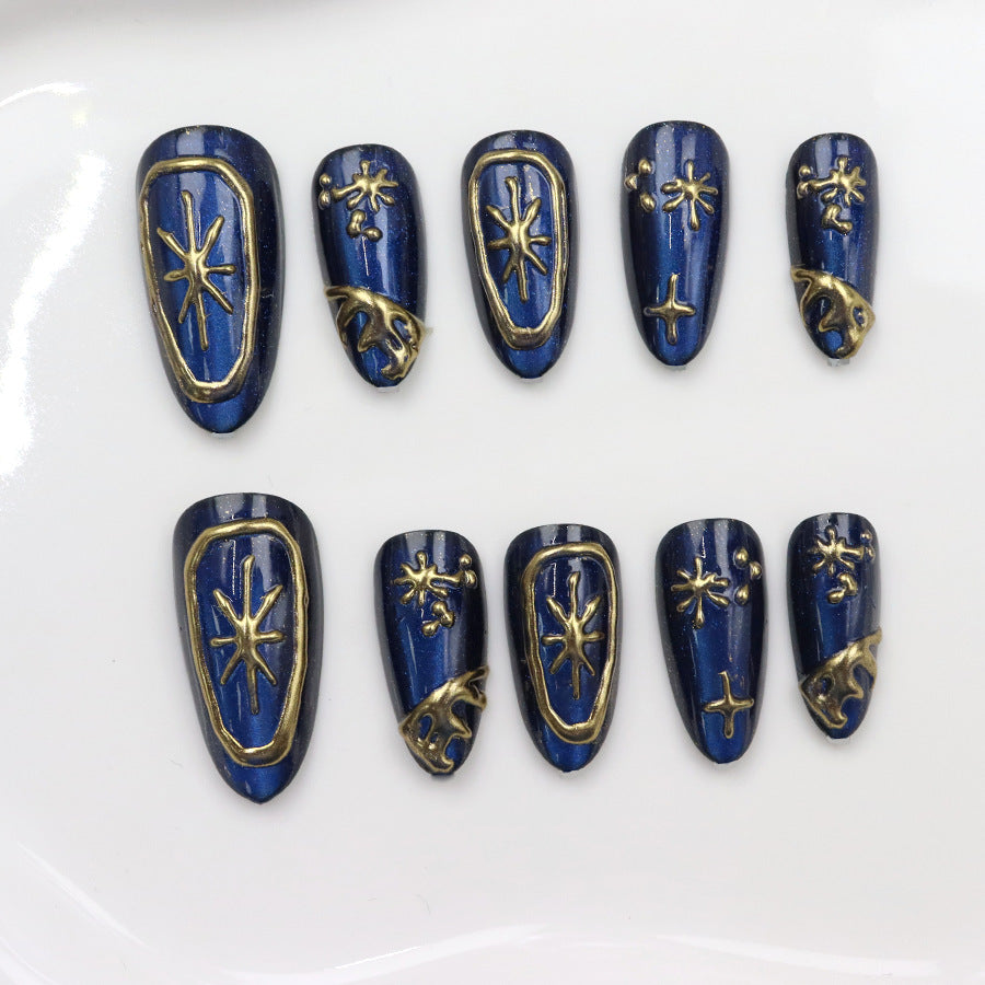 Celestial Elegance Medium Almond Deep Blue with Gold Accents Press on Nail Set