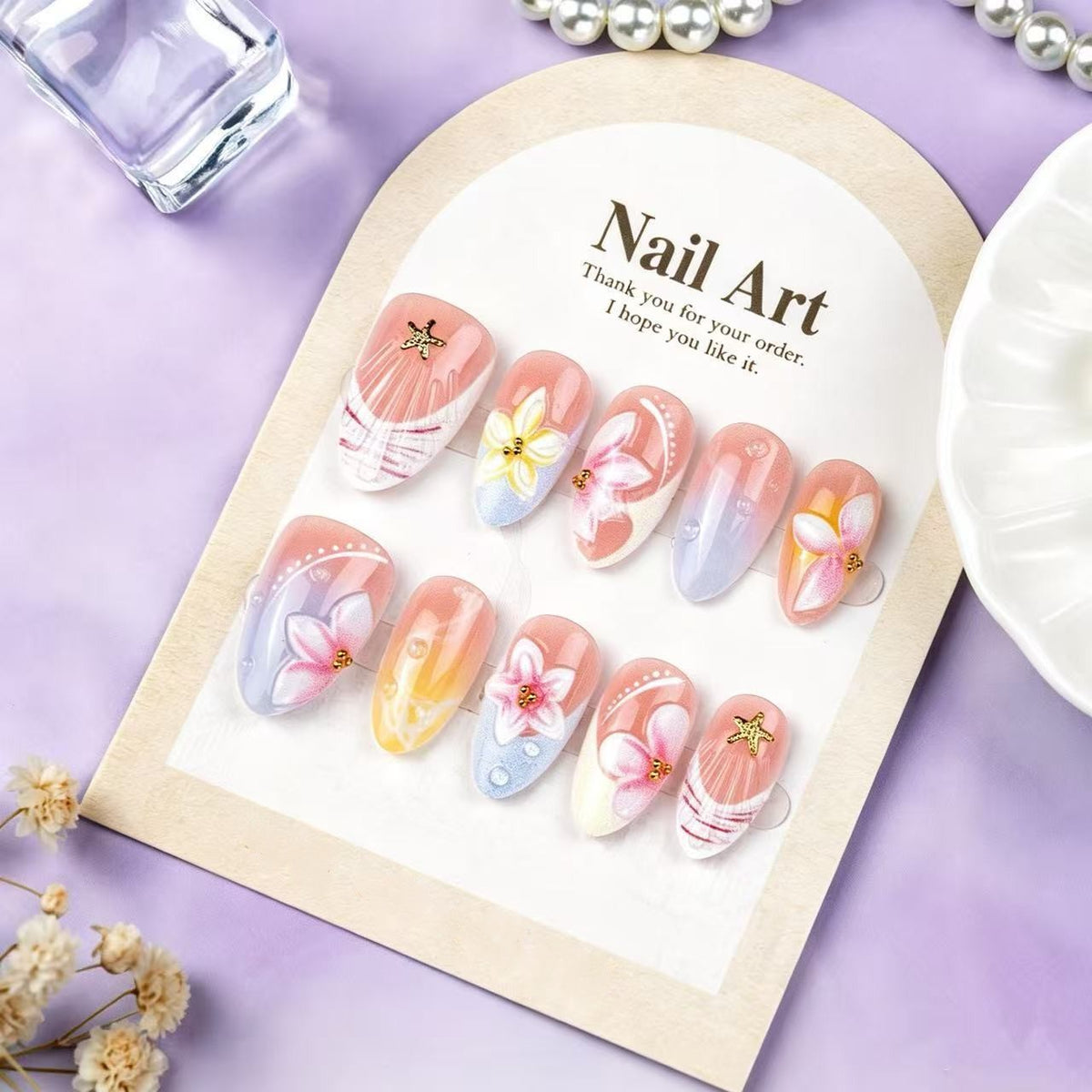 Tropical Blossom Short Oval Pink Floral Nail Art Set