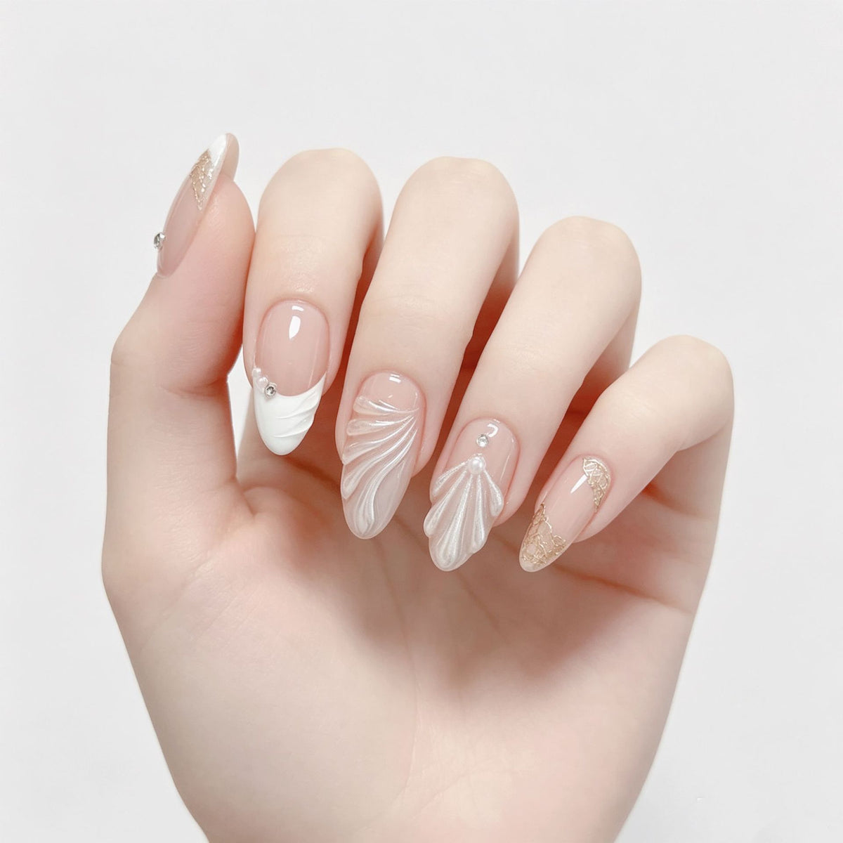 Elegant Ocean Wave Medium Almond Clear with Textured Design Press On Nail Set