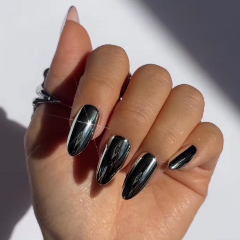 Mystical Elegance Long Almond Black Reflective Glossy Press On Nail Set