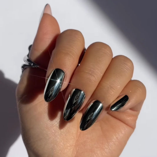 Mystical Elegance Long Almond Black Reflective Glossy Press On Nail Set
