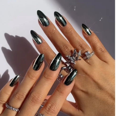 Glamorous Elegance Long Almond Black Mirror Press On Nail Set with Shimmering Finish