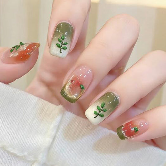 Botanical Bliss Medium Square Green with Floral Accents Press On Nail Set