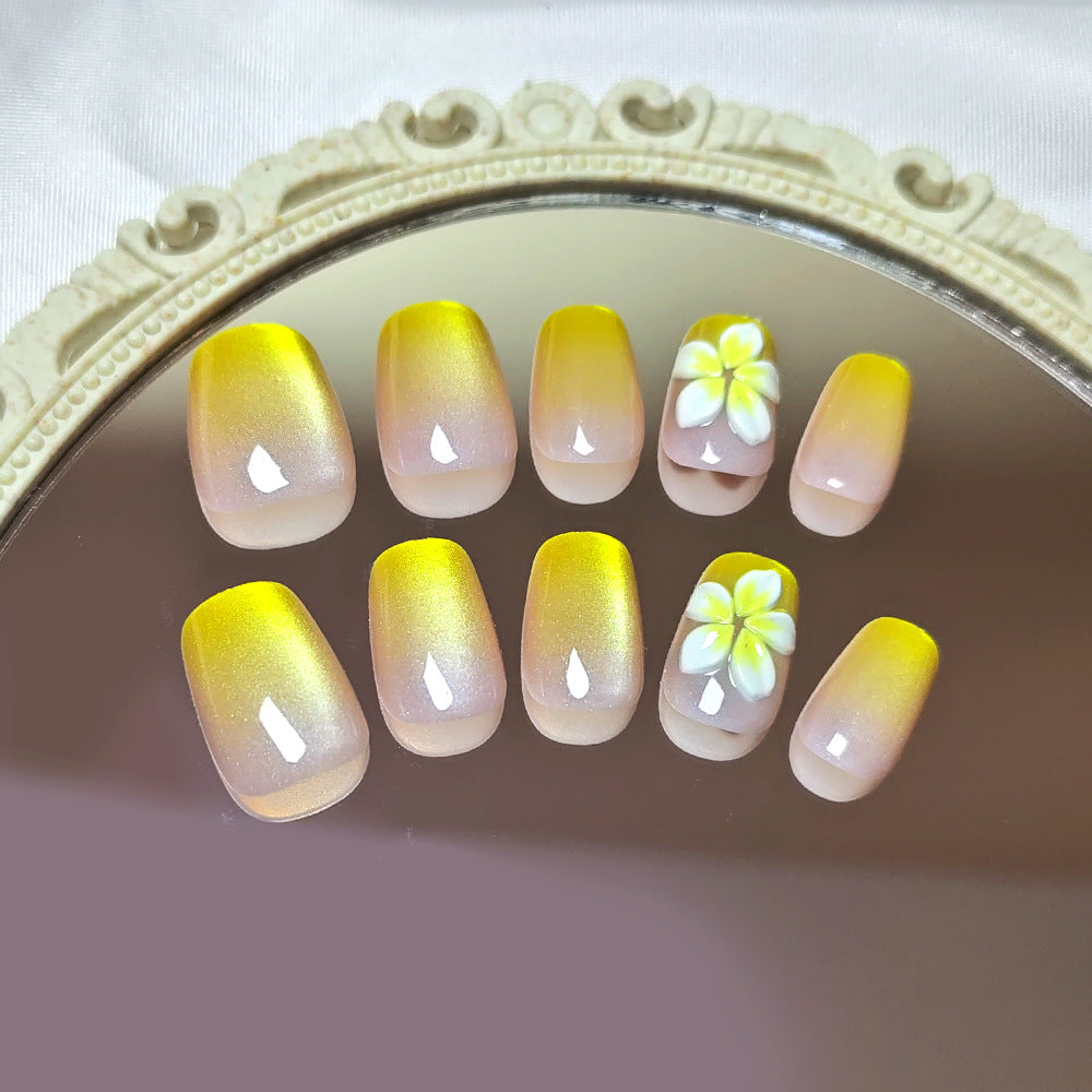 Tropical Paradise Medium Coffin Yellow Ombre with Floral Accent Press On Nail Set