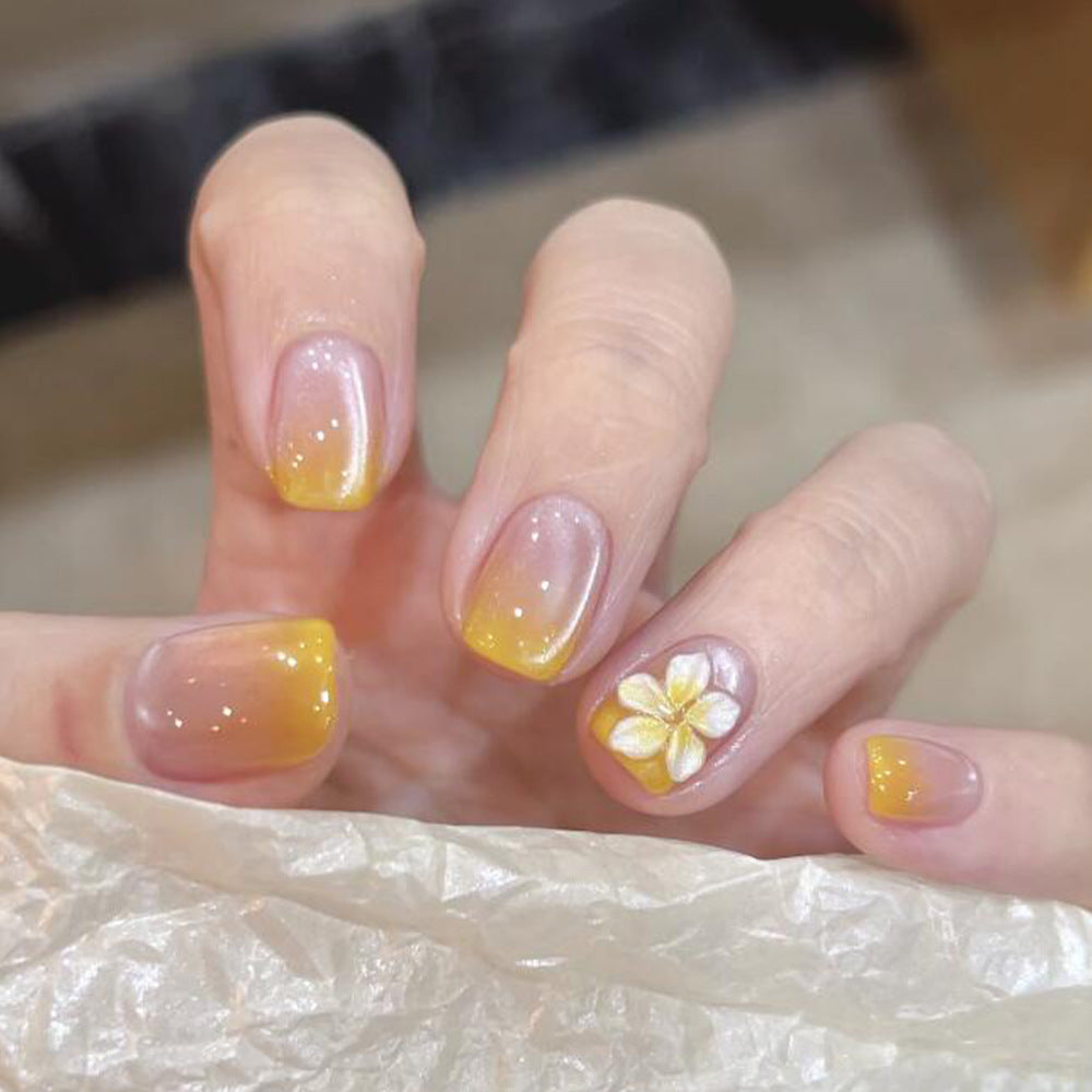 Tropical Vibes Short Square Yellow Ombre with Floral Accent Press on Nail Set